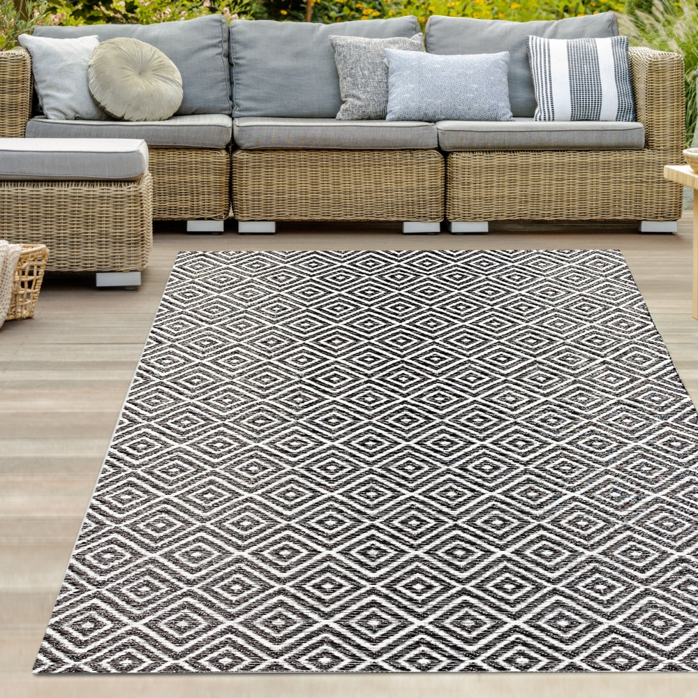 Outdoor-Teppich mit Rautenmuster in schwarz