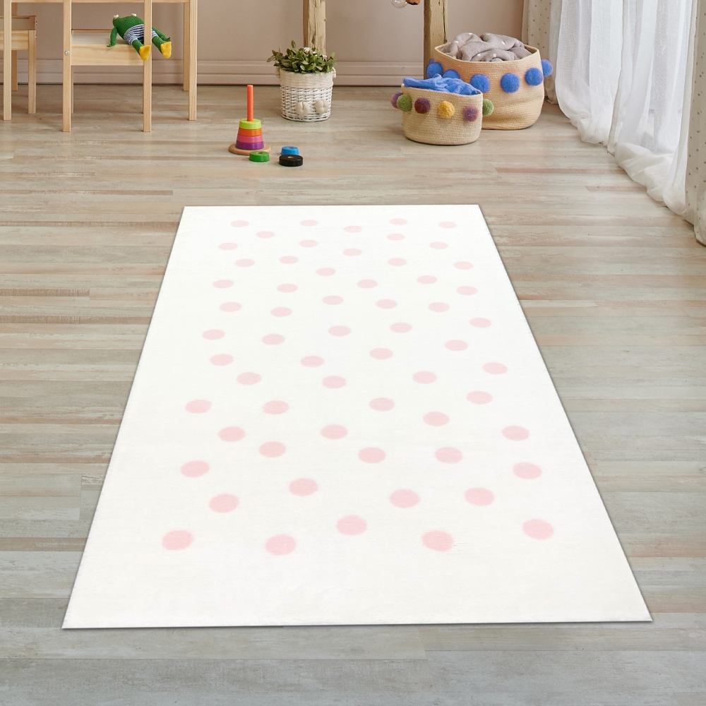 Kinderteppich weich pflegeleicht rosa Punkte in creme