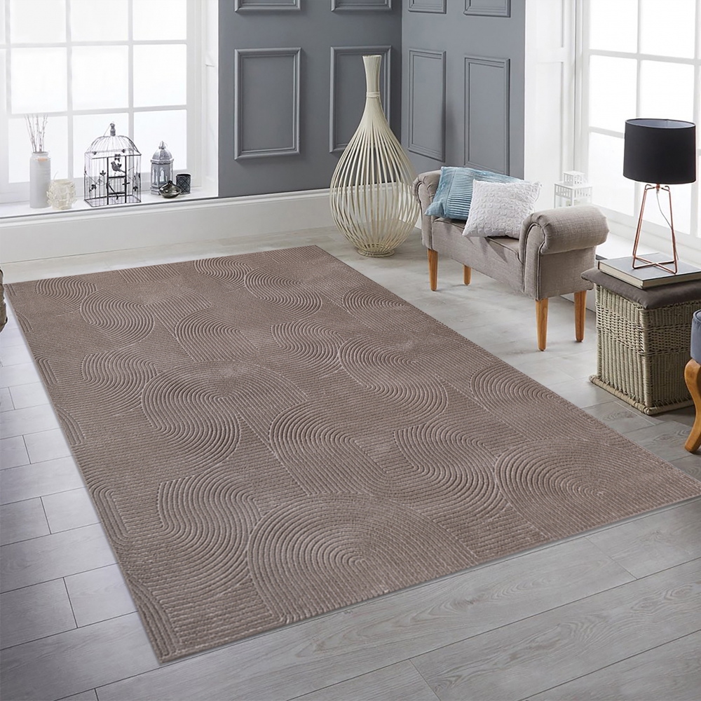 Teppich Taupe mit geometrischem Relief-Linienmuster für Wohnzimmer