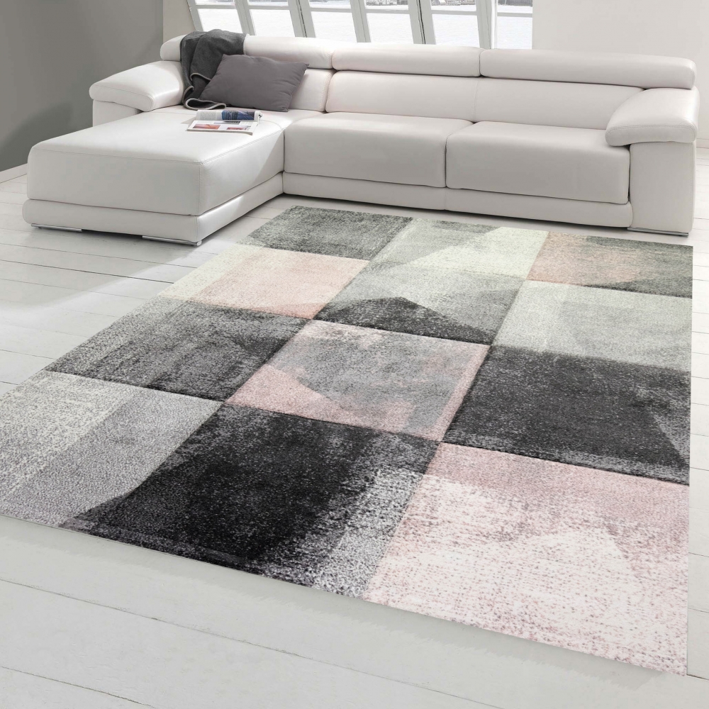 Wohnzimmer Teppich mit abstraktem Karomuster in grau rosa creme