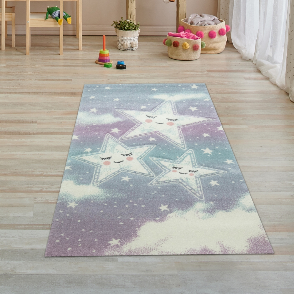 Kinderzimmer Teppich Spielteppich Himmel Wolken Sterne Design blau creme