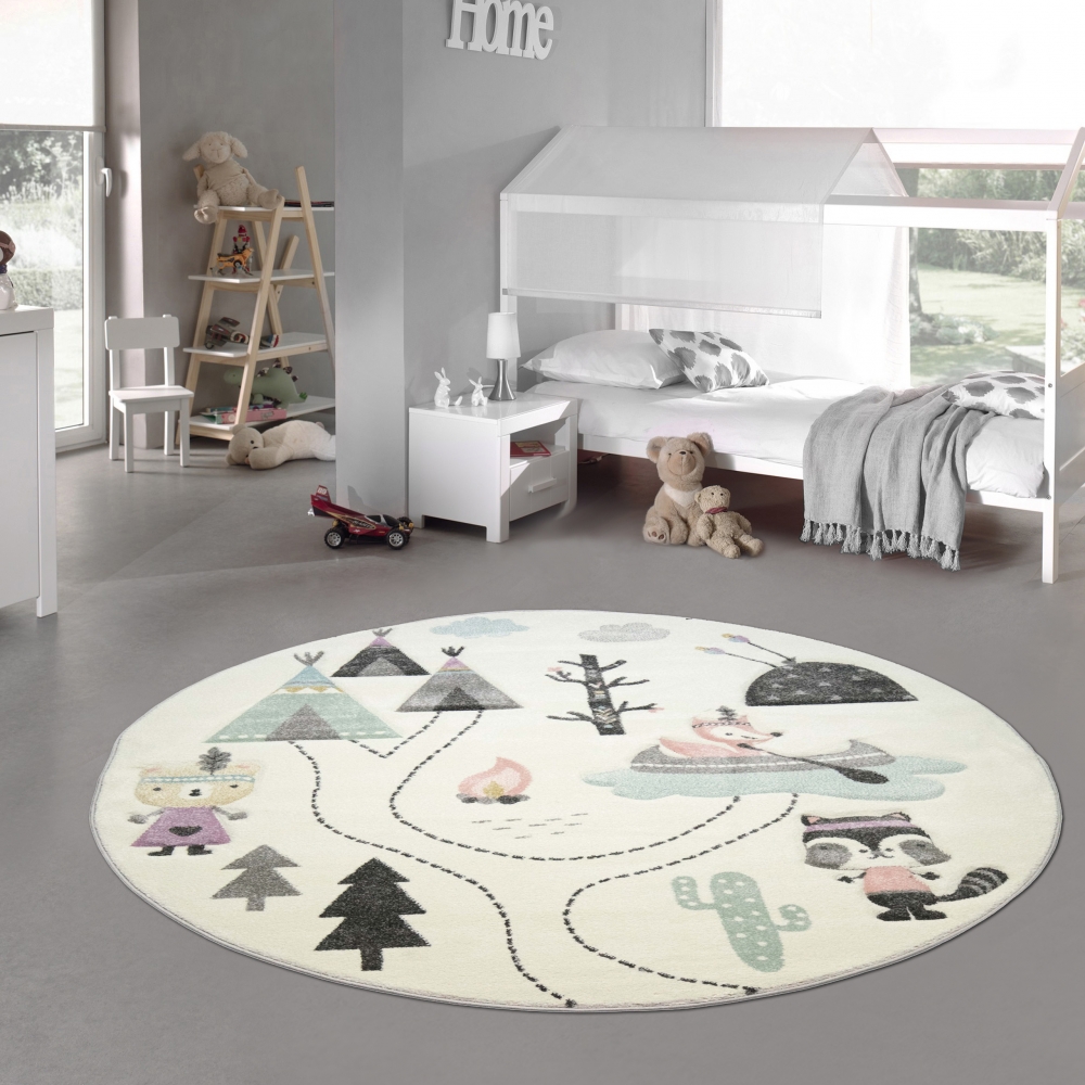 Kinderzimmer Teppich • Bären auf dem Campingplatz • creme türkis