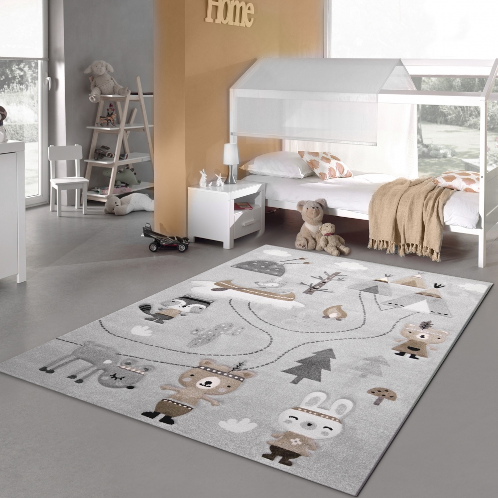 Kinderzimmer Teppich • Bären auf dem Campingplatz • grau braun