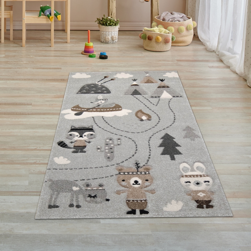 Kinderzimmer Teppich • Bären auf dem Campingplatz • grau braun