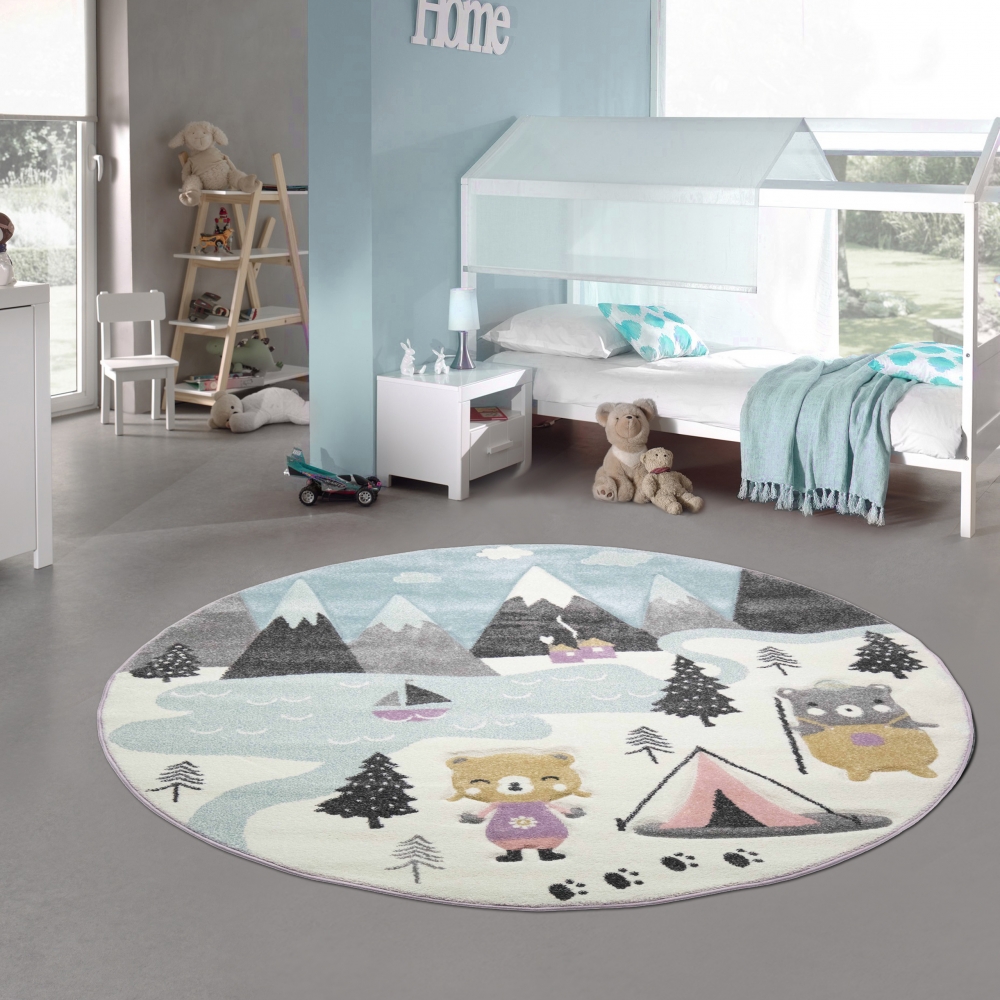 Kinderzimmer Teppich • Bären auf dem Campingplatz • creme blau