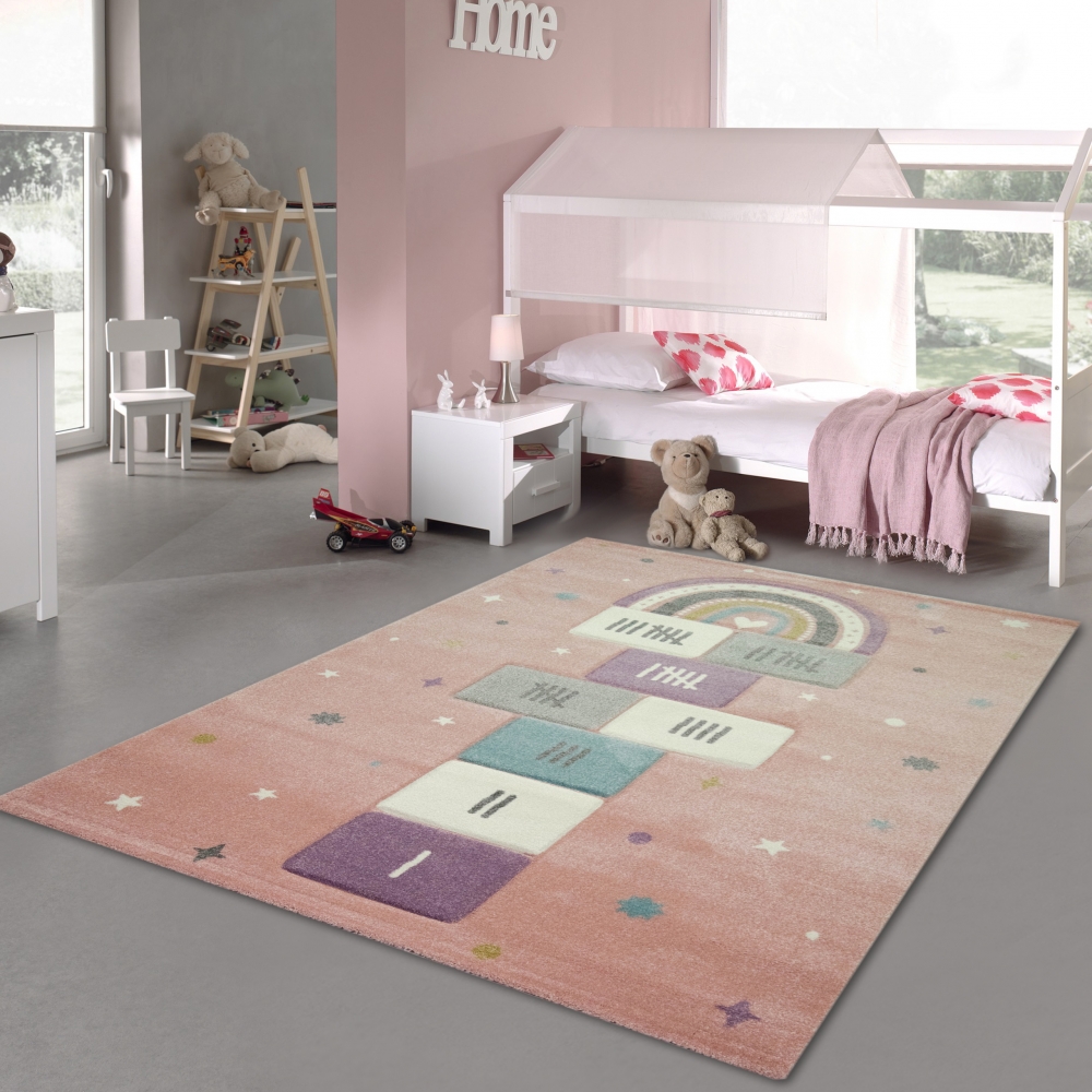 Spielteppich mit Sternen Hüpfspiel  in rosa grün creme