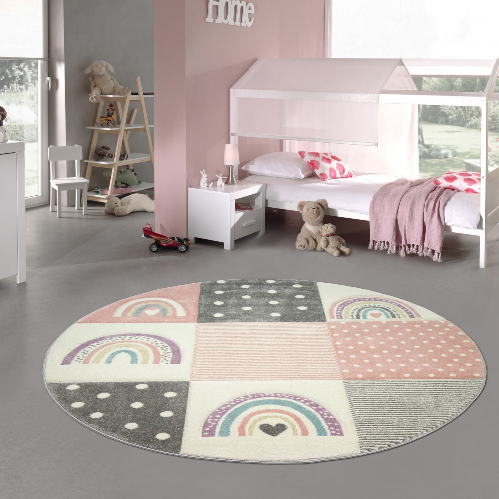 Kinderzimmer Teppich Spielteppich Regenbogen Punkte Herzchen rosa grau creme