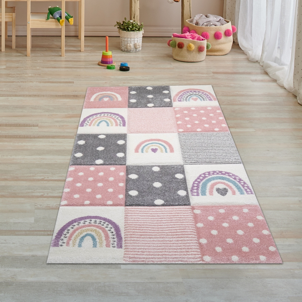 Kinderzimmer Teppich Spielteppich Regenbogen Punkte Herzchen rosa grau creme