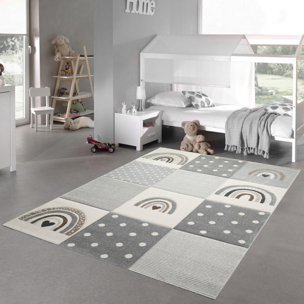 Kinderzimmer Teppich Spielteppich Regenbogen Punkte Herzchen Design in Grau Creme