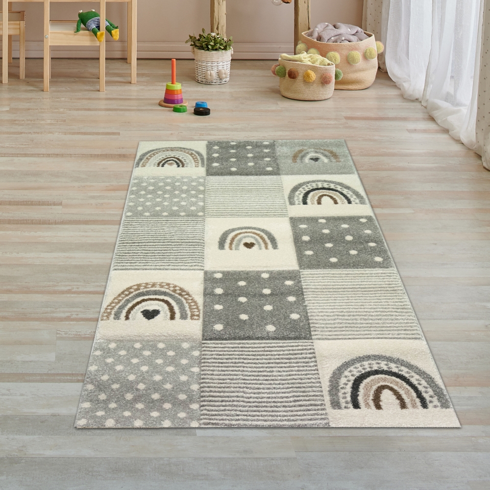 Kinderzimmer Teppich Spielteppich Regenbogen Punkte Herzchen Design in Grau Creme