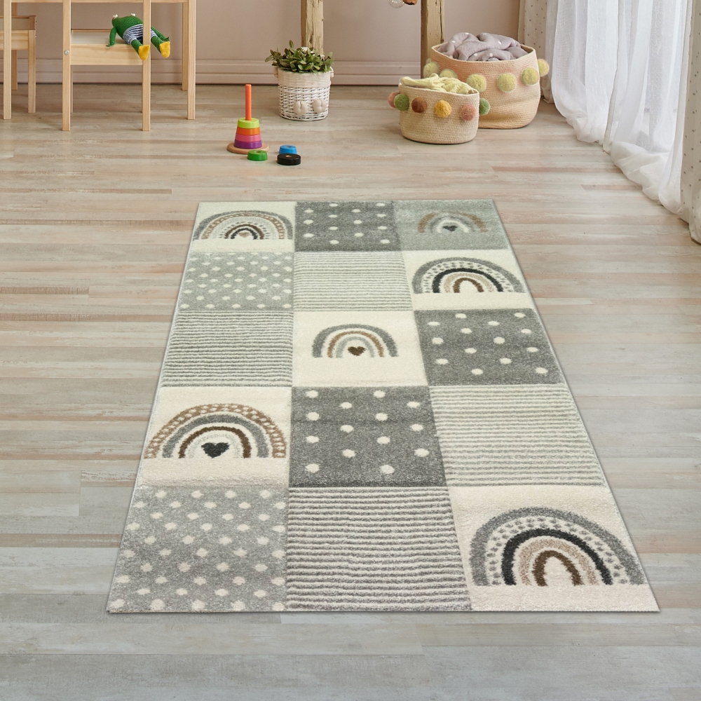 Kinderzimmer Teppich Spielteppich Regenbogen Punkte Herzchen Design in Grau Creme