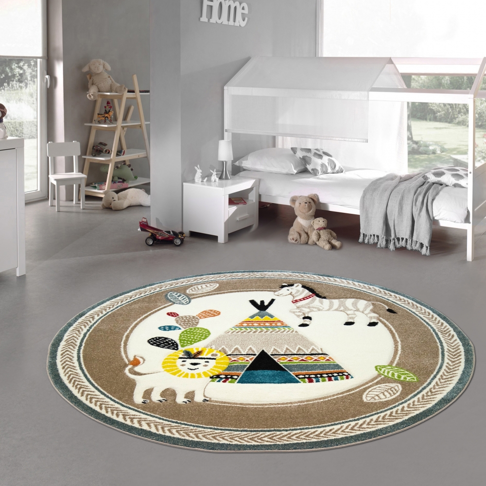 Kinderzimmer Teppich Spielteppich Zelt Löwe Zebra Kaktus beige blau creme braun