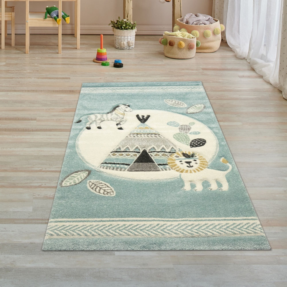 Kinderzimmer Teppich Spielteppich Indianer Zelt Löwe Zebra Kaktus blau creme grau