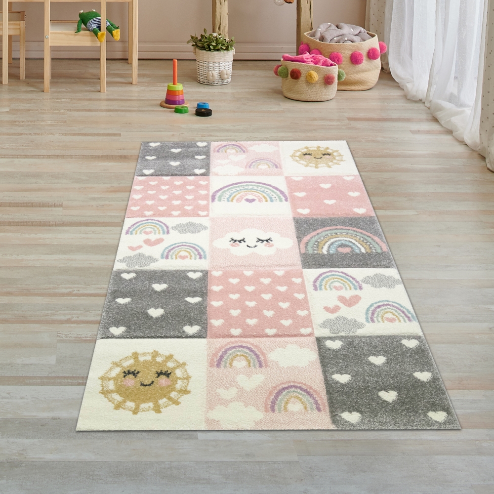 Kinderzimmer Teppich Spielteppich Regenbogen Herzchen Wolken rosa creme grau