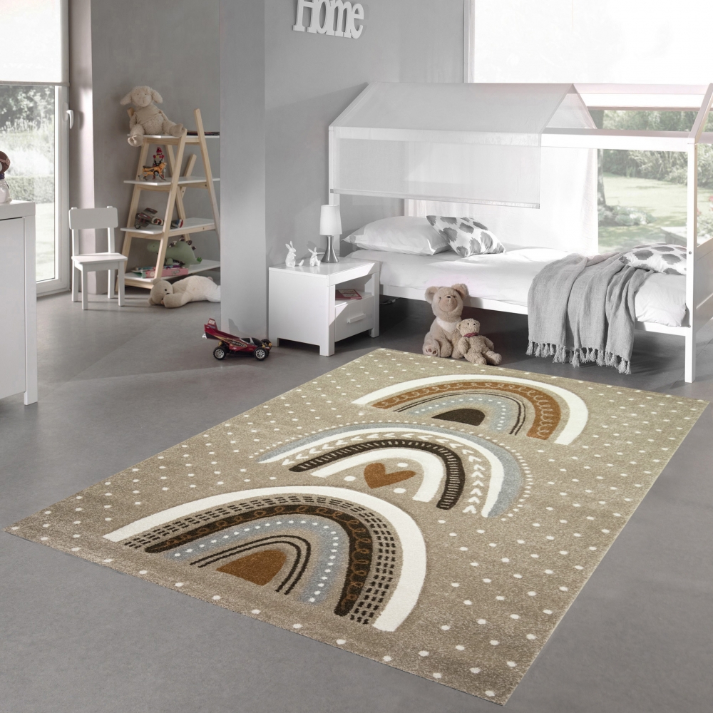 Kinderzimmer Teppich Spielteppich gepunktet Herz Regenbogen Design Creme Beige