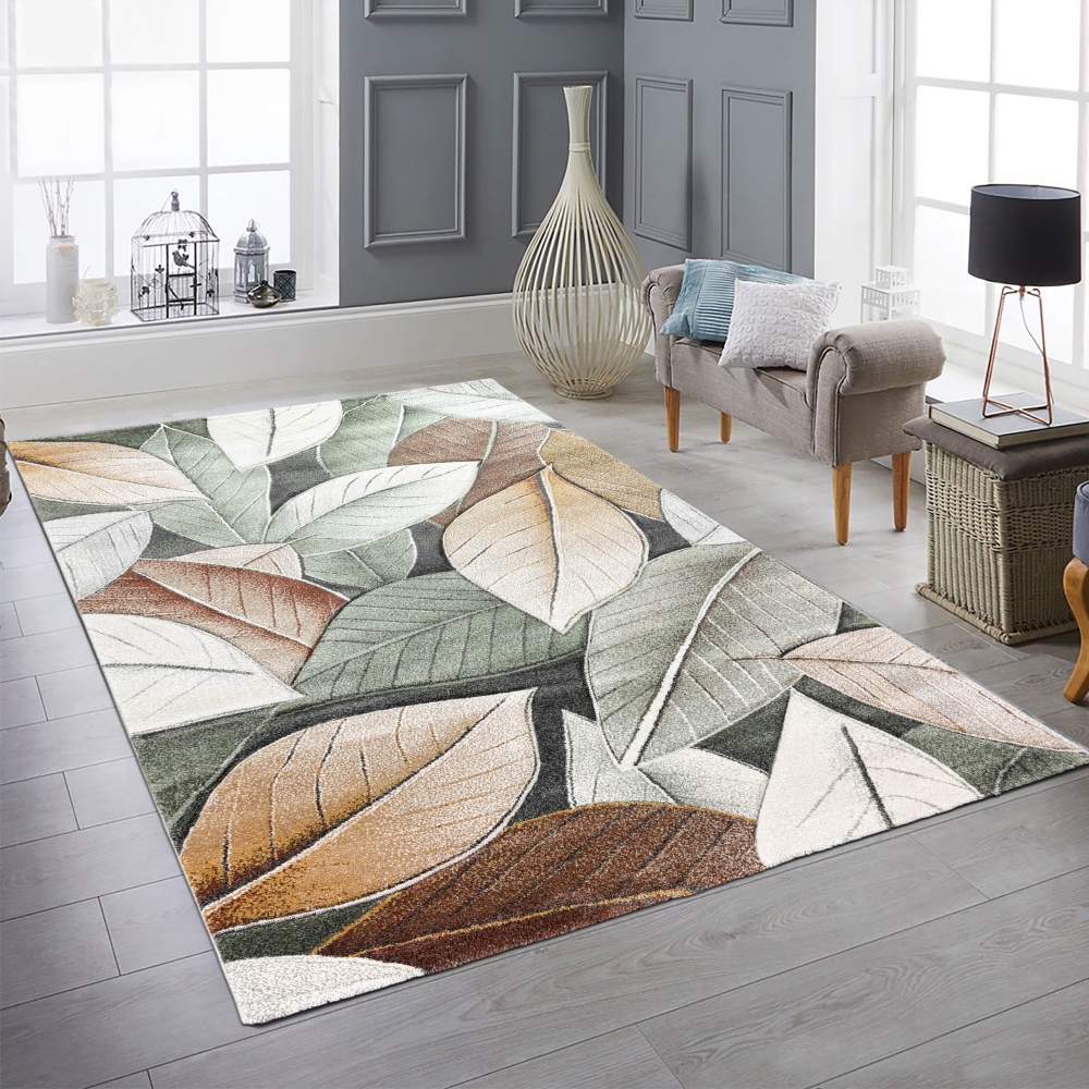 Teppich mit Blattmuster in grün / beige / braun – pflegeleicht & modern für Wohnzimmer und Schlafzimmer
