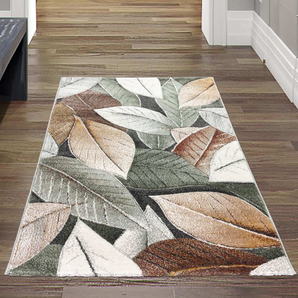 Teppich mit Blattmuster in grün / beige / braun – pflegeleicht & modern für Wohnzimmer und Schlafzimmer