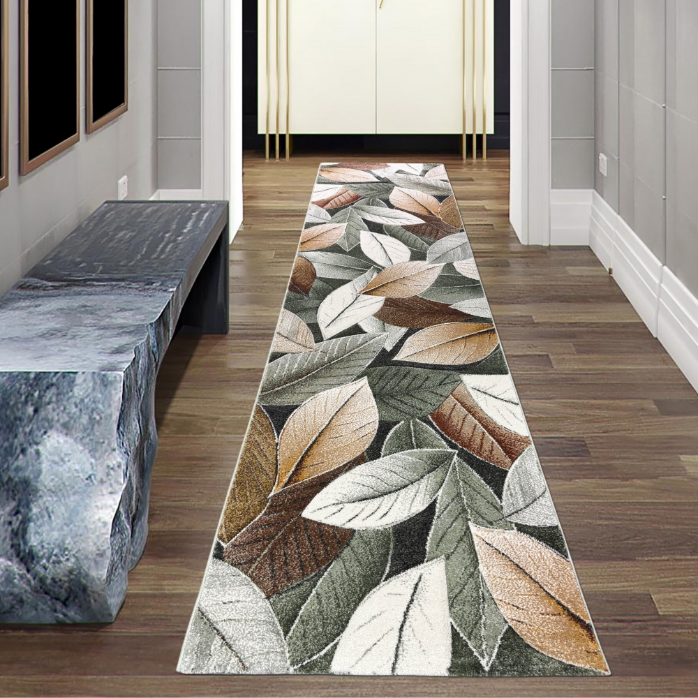 Teppich mit Blattmuster in grün / beige / braun – pflegeleicht & modern für Wohnzimmer und Schlafzimmer