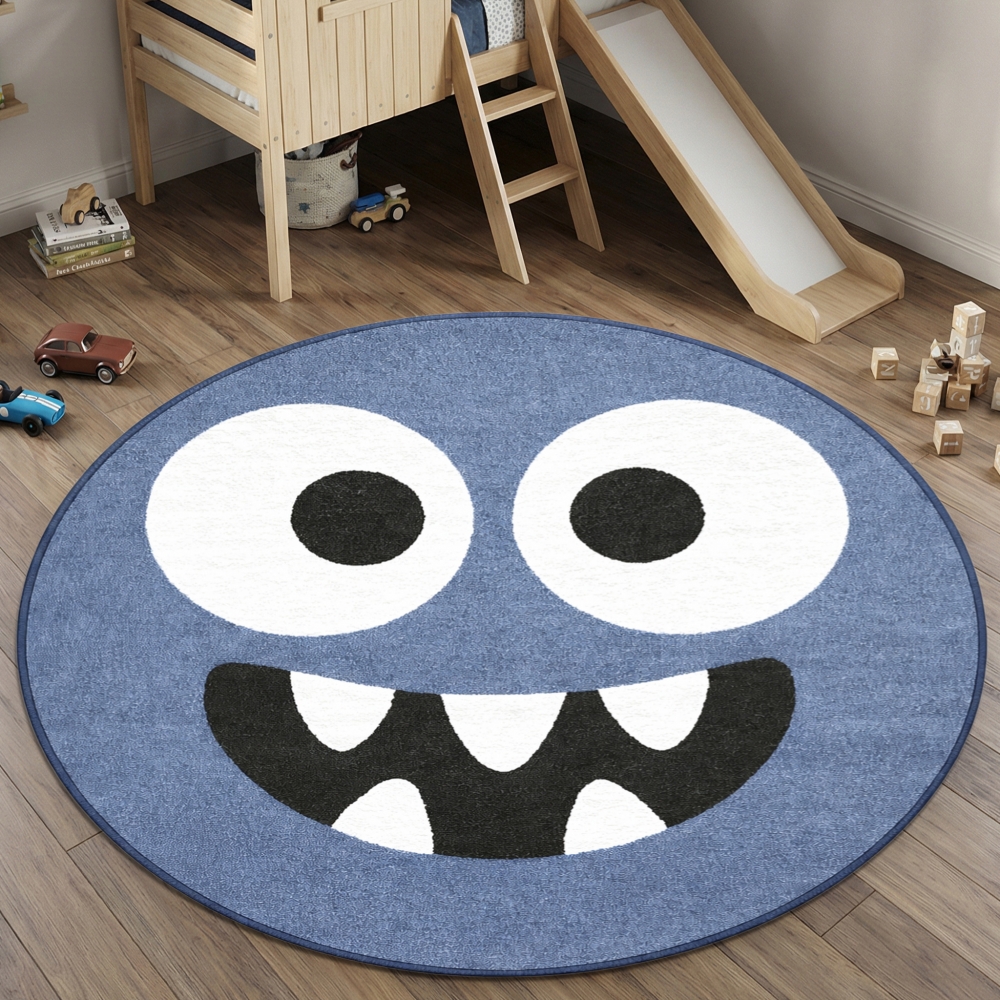 Runder Kinderteppich in Blau mit fröhlichem Monster