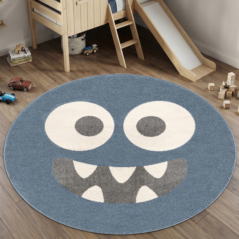 Kinderteppich in Blau mit fröhlichem Monster