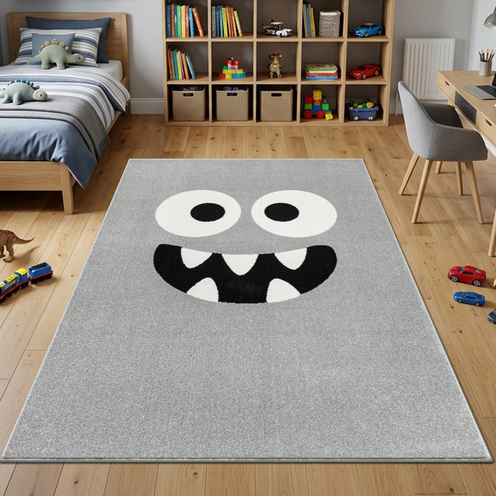 Kinderteppich Grau mit Monster Motiv