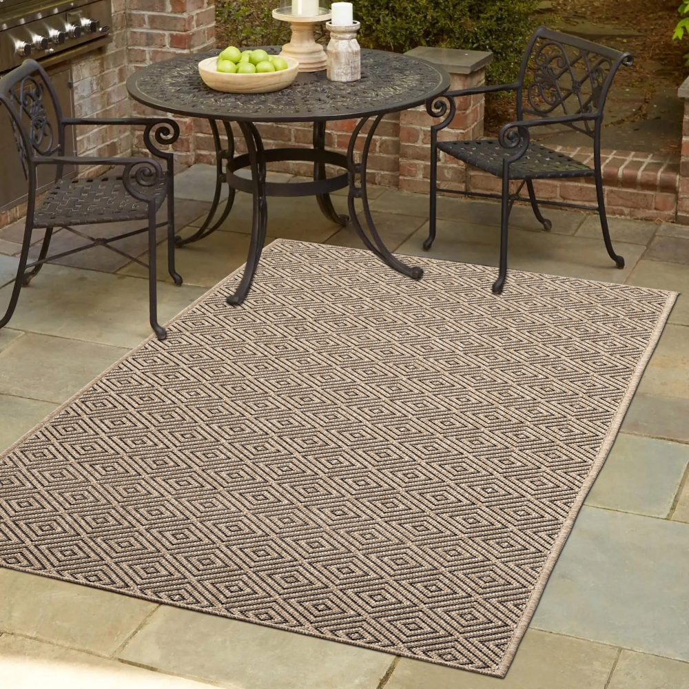 Robuster In- und Outdoorteppich mit Rautenmuster beige/schwarz