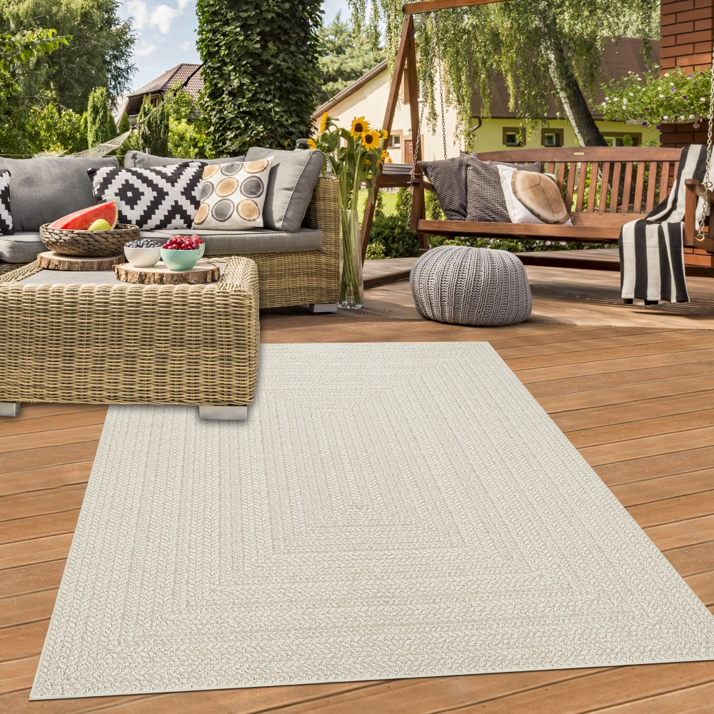 Teppich Outdoor Wohnzimmer strapazierfähig mit rechteckigem Linienmuster in Creme