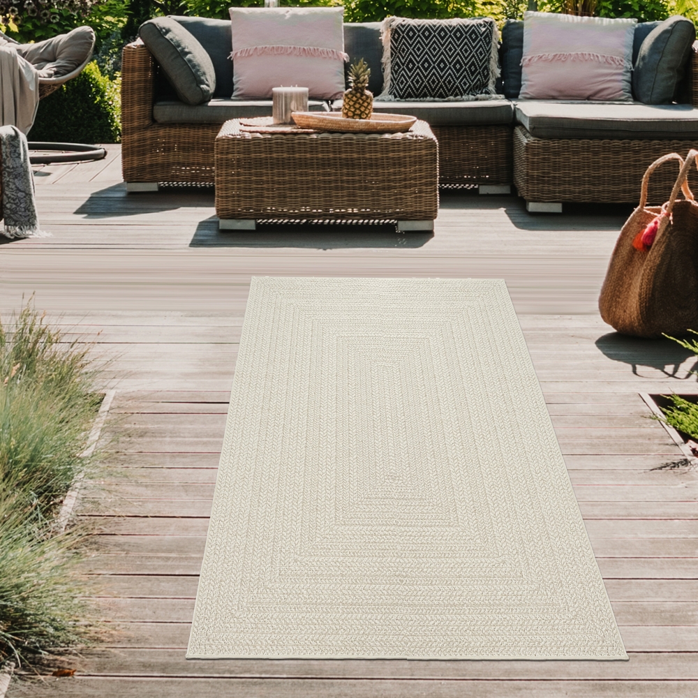 Teppich Outdoor Wohnzimmer strapazierfähig mit rechteckigem Linienmuster in Creme