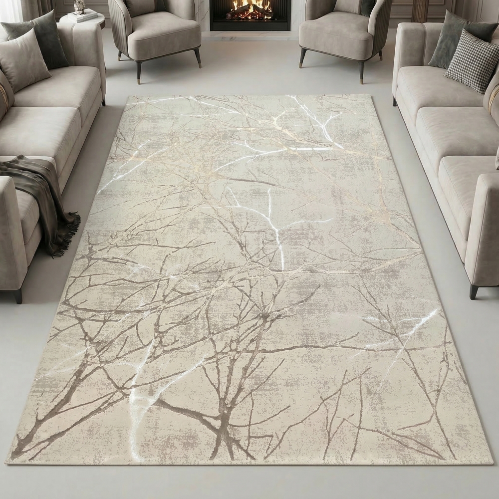 Designer Teppich mit abstraktem glänzenden Ästemuster creme