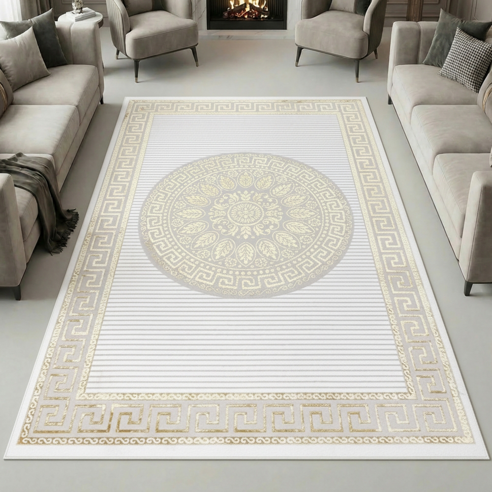 Orientalischer Designerteppich mit Ornament in weiß-gold