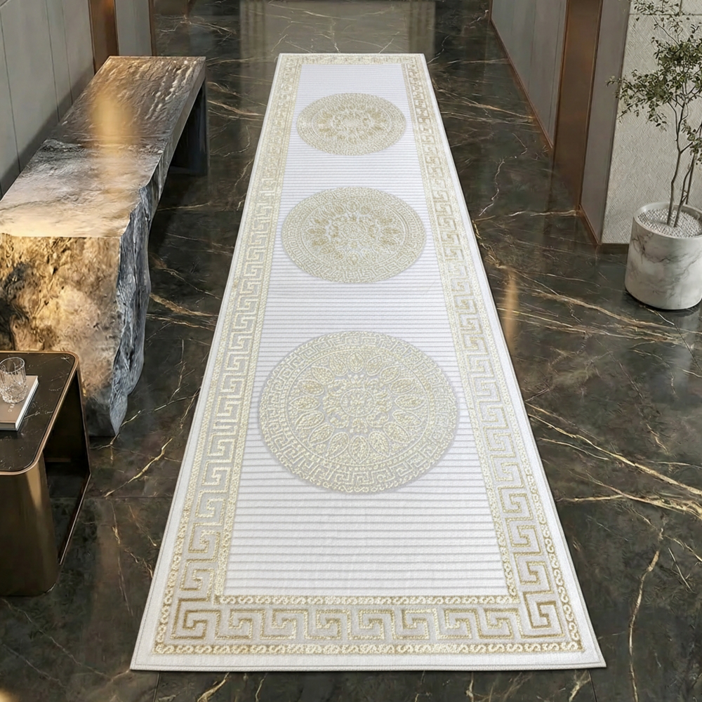 Orientalischer Designerteppich mit glänzendem Ornament in weiß-gold