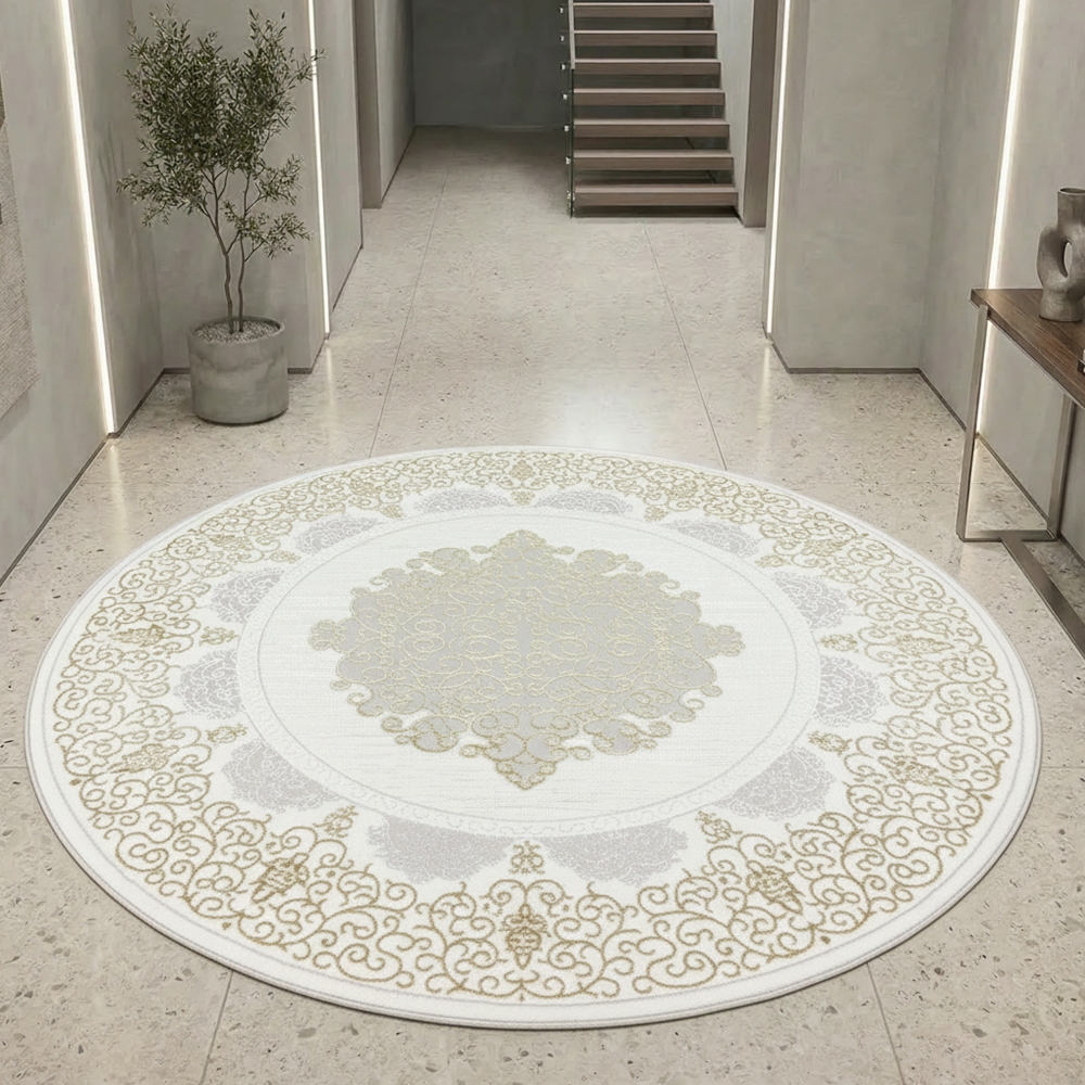 Orientalischer Designerteppich mit Ornament in weiß gold grau