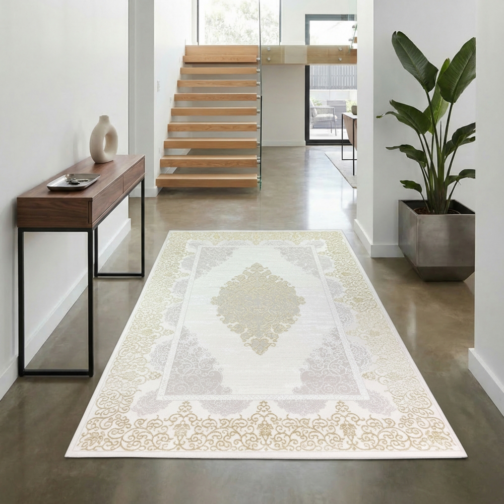 Orientalischer Designerteppich mit Ornament in weiß gold grau