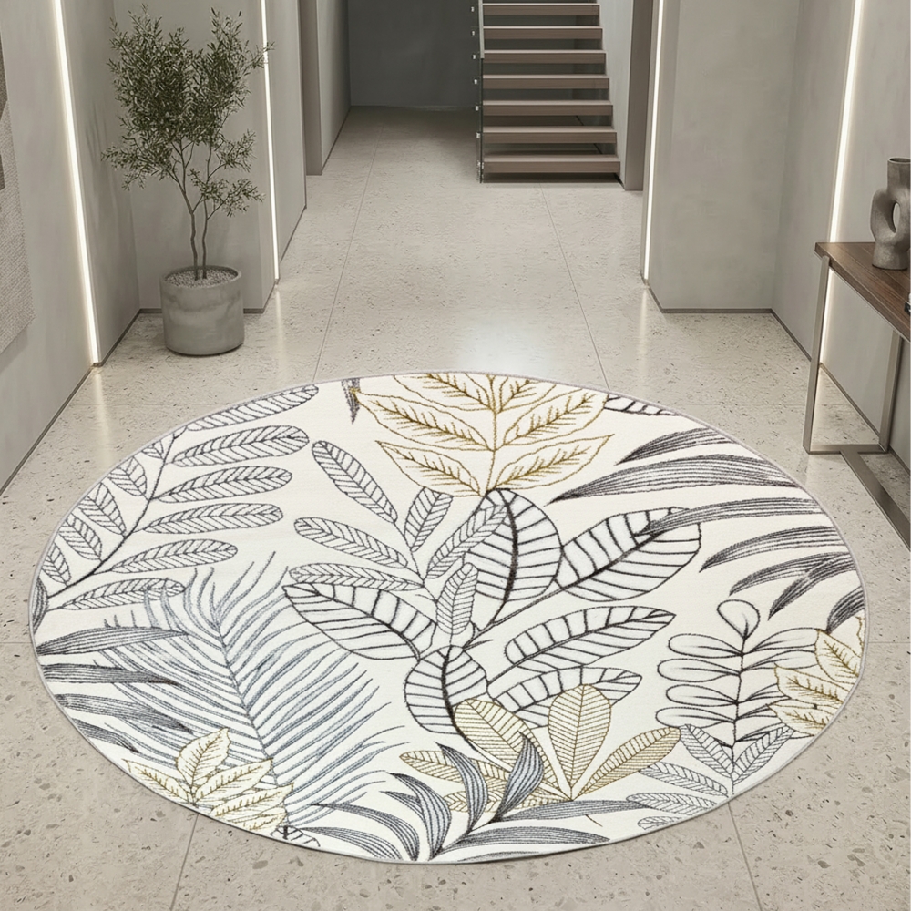 Moderner Kurzflorteppich Creme Blätterdesign mit Glanzoptik für Wohnzimmer Schlafzimmer und Flur