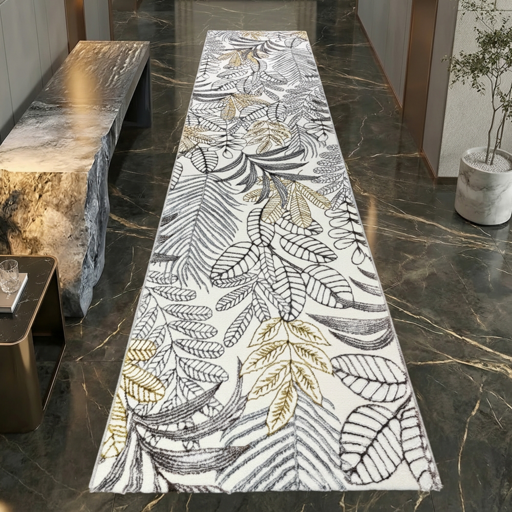 Moderner Kurzflorteppich Creme Blätterdesign mit Glanzoptik für Wohnzimmer Schlafzimmer und Flur