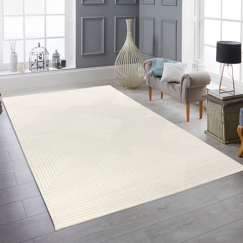 Moderner Kurzflorteppich Creme geometrisches Design mit Glanzstruktur für Wohnzimmer Schlafzimmer und Flur