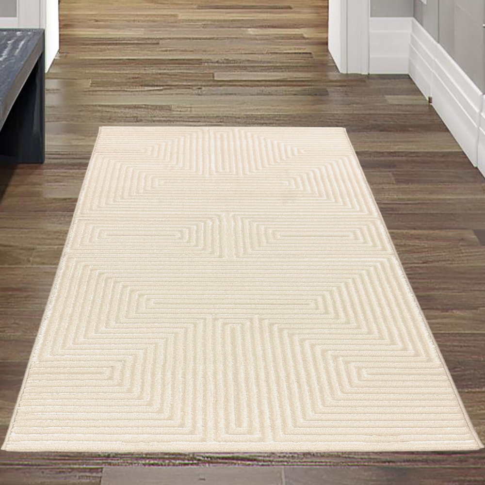 Moderner Kurzflorteppich Creme geometrisches Design mit Glanzstruktur für Wohnzimmer Schlafzimmer und Flur