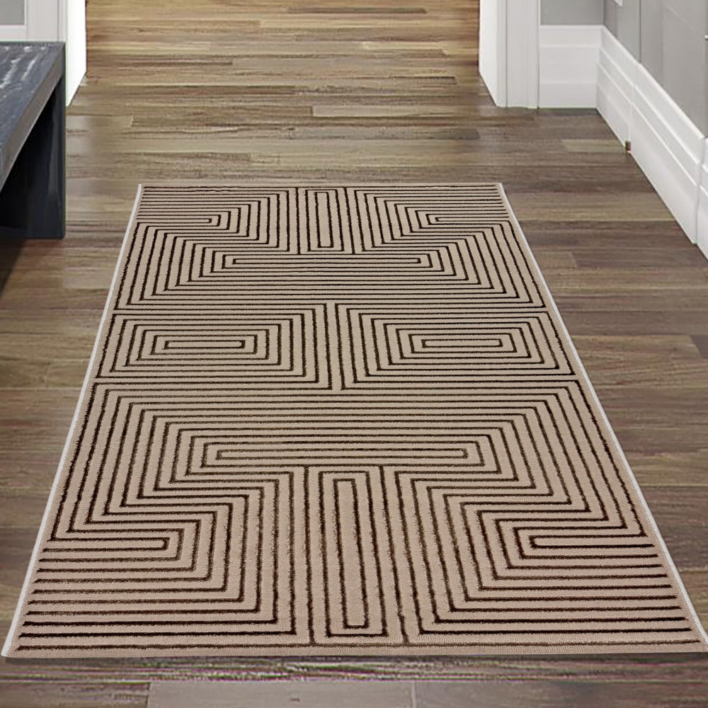 Moderner Wohnzimmerteppich pflegeleicht geometrisches Muster in Beige