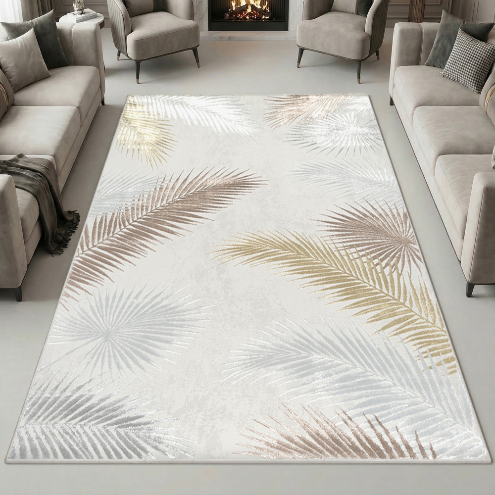 Creme Teppich mit Palmendesign und Glanz-Effekt Wohnzimmer