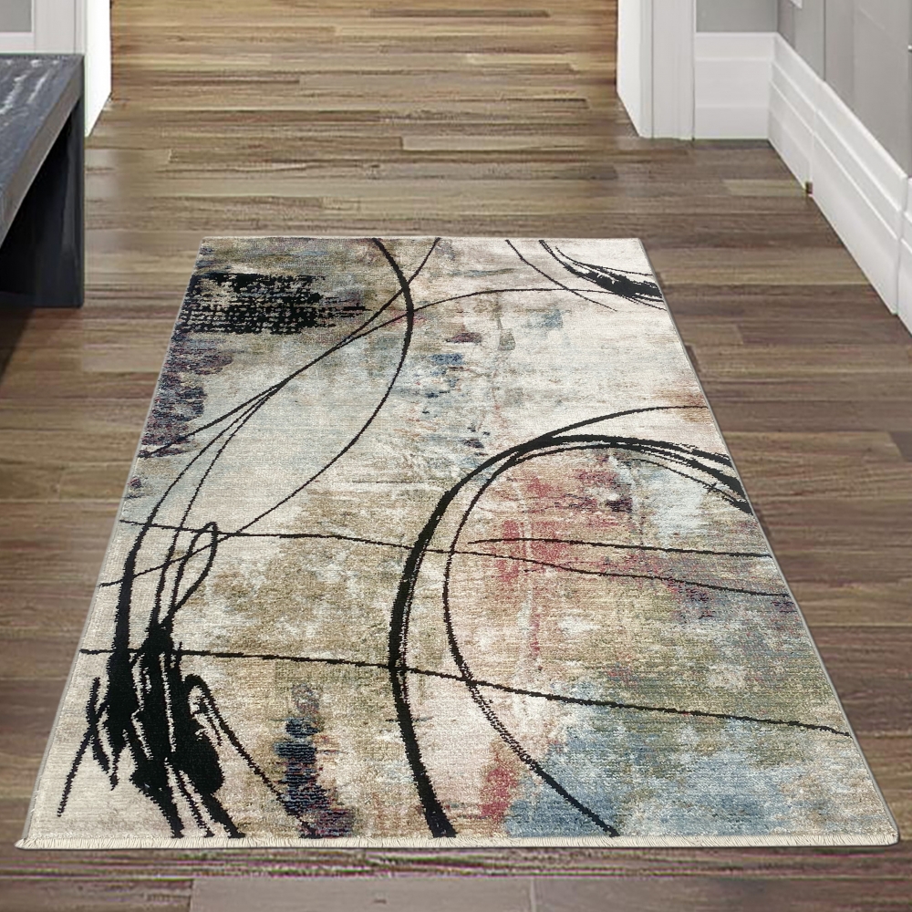 Abstrakt-moderner Teppich | Seidenoptik weich | blau schwarz