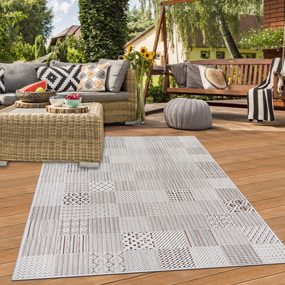 In-Outdoor-Teppich Wohnzimmer pflegeleicht wetterfest Fliesen Optik in creme grau