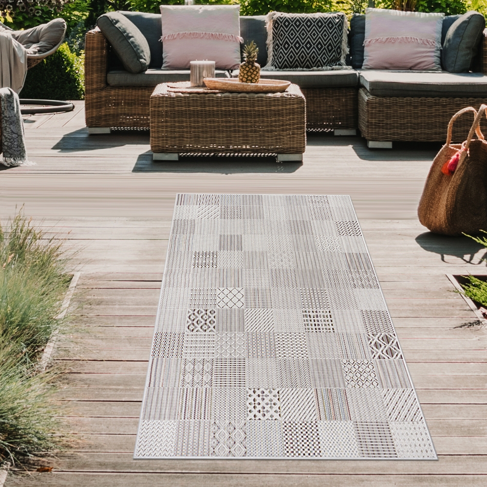 In-Outdoor-Teppich Wohnzimmer pflegeleicht wetterfest Fliesen Optik in creme grau