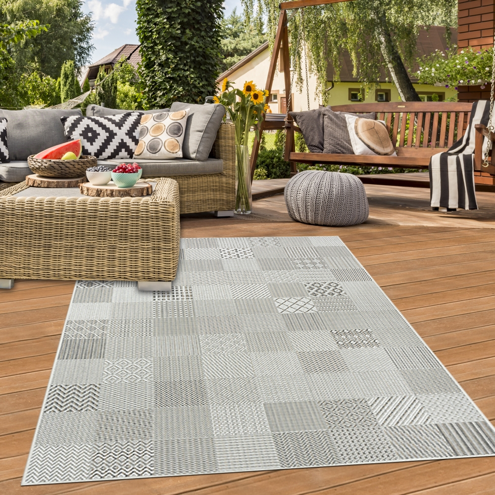 Outdoorteppich Terrasse Wohnzimmer pflegeleicht wetterfest Fliesen Muster in grau