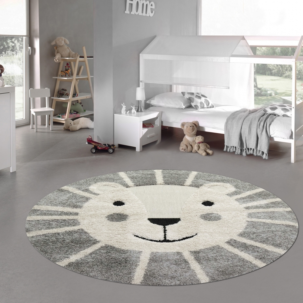 Kinderzimmer Teppich Baby Spielteppich 3D Optik High Low Effekt Löwe creme grau weiß