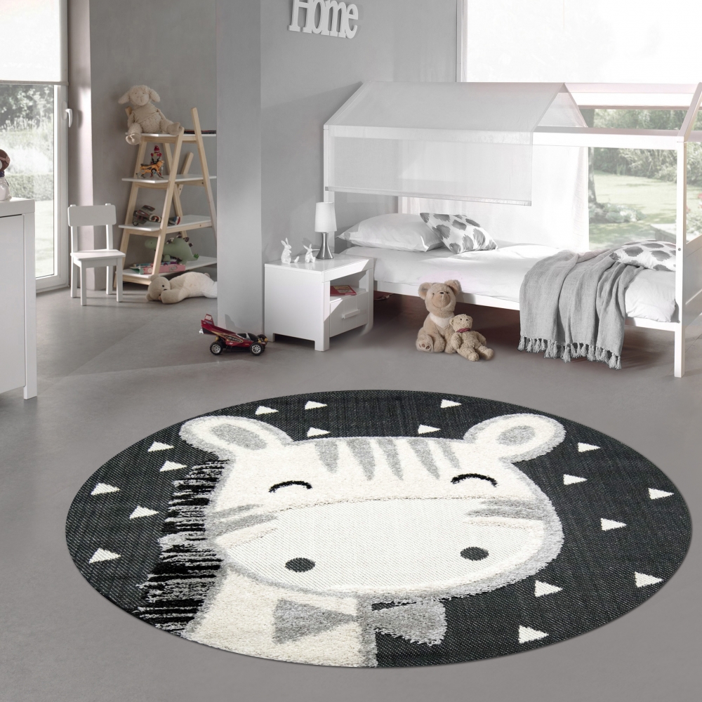 Kinderzimmer Teppich Baby Spielteppich 3D Optik High Low Effekt Pferd creme grau schwarz