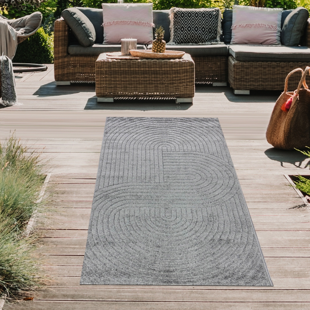 Moderner Outdoor Teppich wetterfest Terrasse Balkon Boho-Style hochwertig pflegeleicht Anthrazit