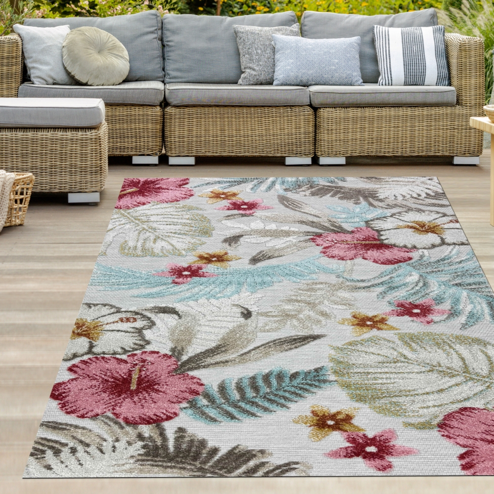 In- & Outdoor Teppich Hoch-Tief Effekt pflegeleicht wetterfest Blumen Muster Türkis Bunt