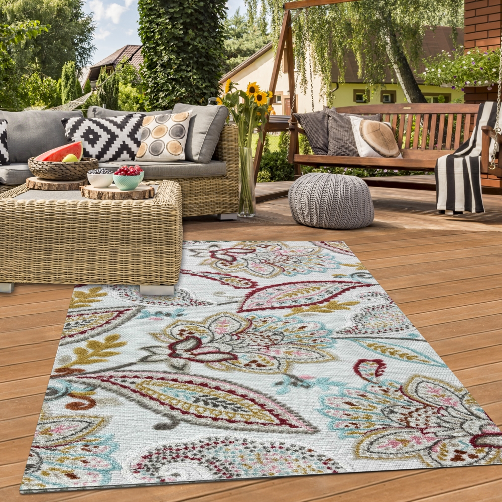 Robuster In- & Outdoor Teppich modern pflegeleicht & flachgewebt mit orientalischem Muster in Bunt