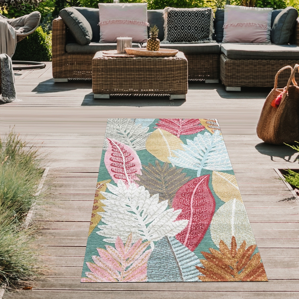Moderner In- & Outdoor Teppich flachgewebt UV-beständig & robust mit Blattdesign Grün Rot Beige