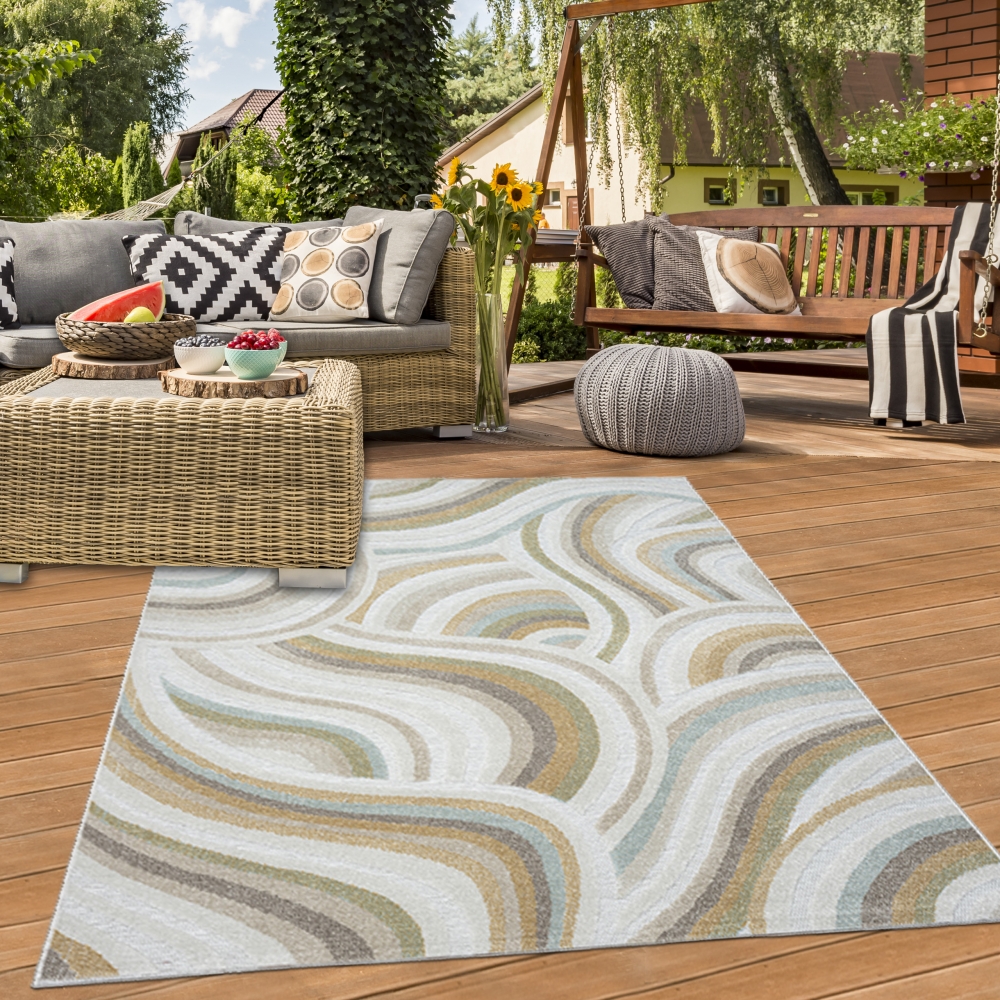 In- & Outdoor Teppich Wellenmuster modern flachgewebt wetterfest & pflegeleicht beige grün grau